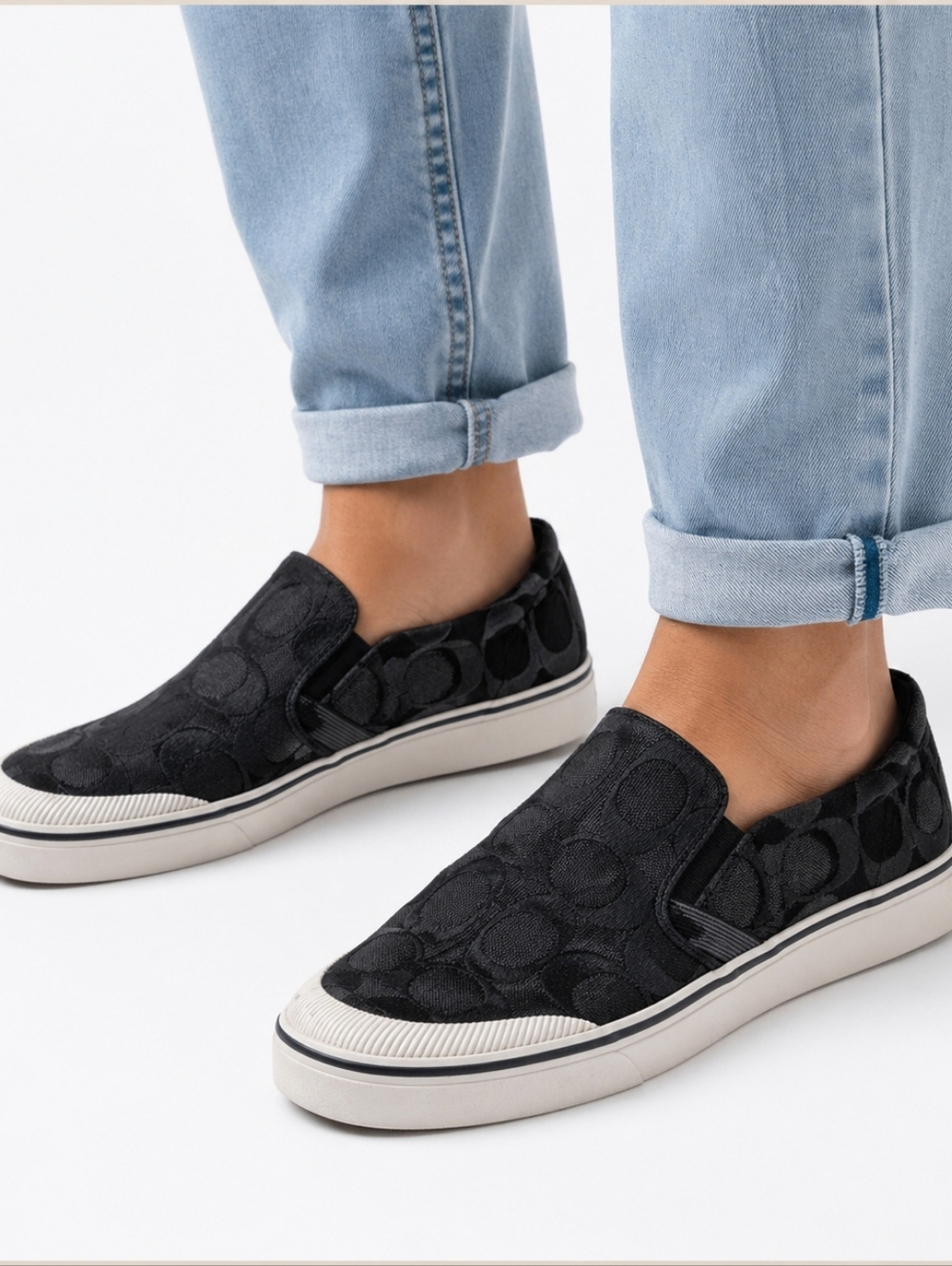 Coach ($225) Signature C Black Slip-On Sneakers Monogram Canvas Casual Shoes